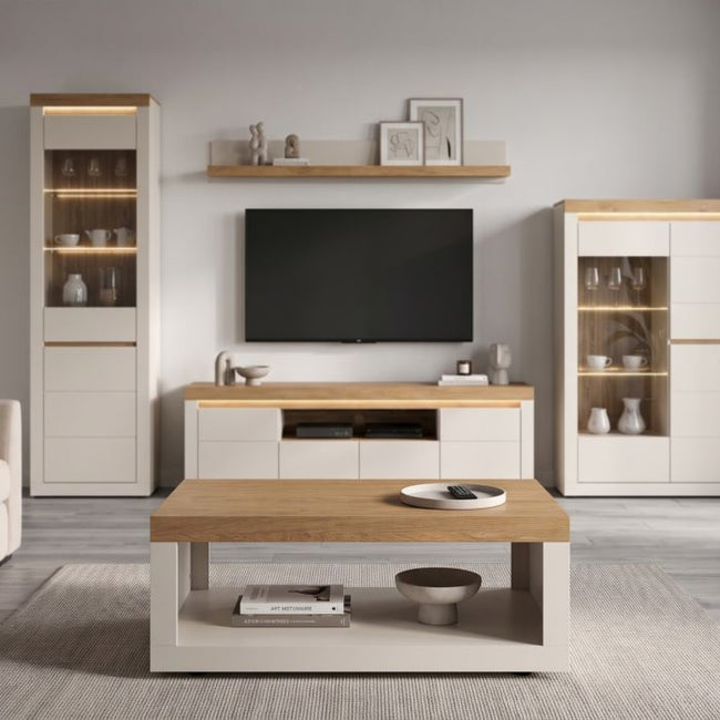 Two Tone Coffee Table with Lower Shelf in Cashmere and Stone Oak 106 cm Wide