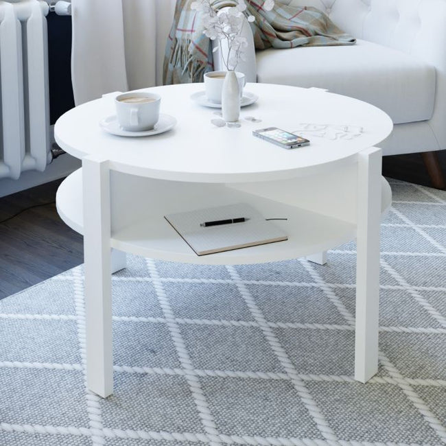 Round White Coffee Table with Lower Shelf 74.4 cm Diameter