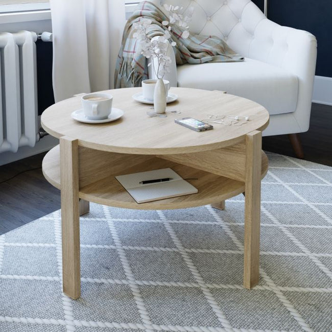 Round Sonoma Oak Coffee Table with Lower Shelf 74.4 cm Diameter