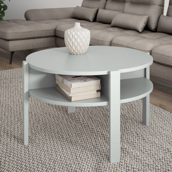 Round Light Grey Coffee Table with Lower Shelf 74.4 cm Diameter