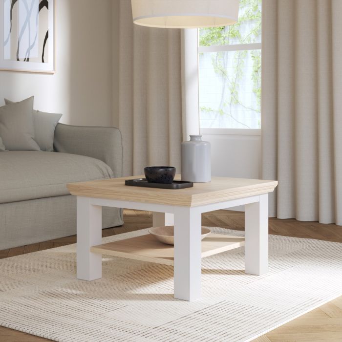 Small Coffee Table with Shelf White & Riva Oak W 70 x H 43.4 x D 70 cm