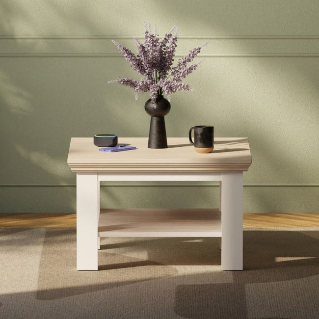 Small Coffee Table with Shelf White & Riva Oak W 70 x H 43.4 x D 70 cm