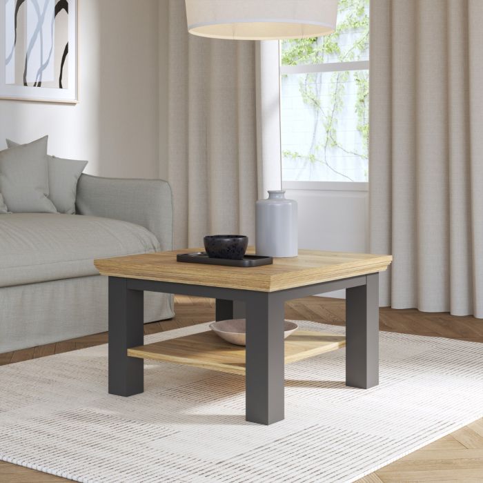 Small Coffee Table with Storage Shelf Wolfram Grey & Mauvella Oak 70x70 cm