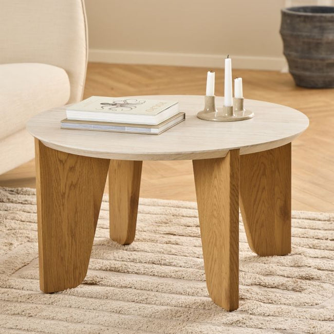 Round Travertine Effect and Wild Oak Coffee Table 80 cm Diameter